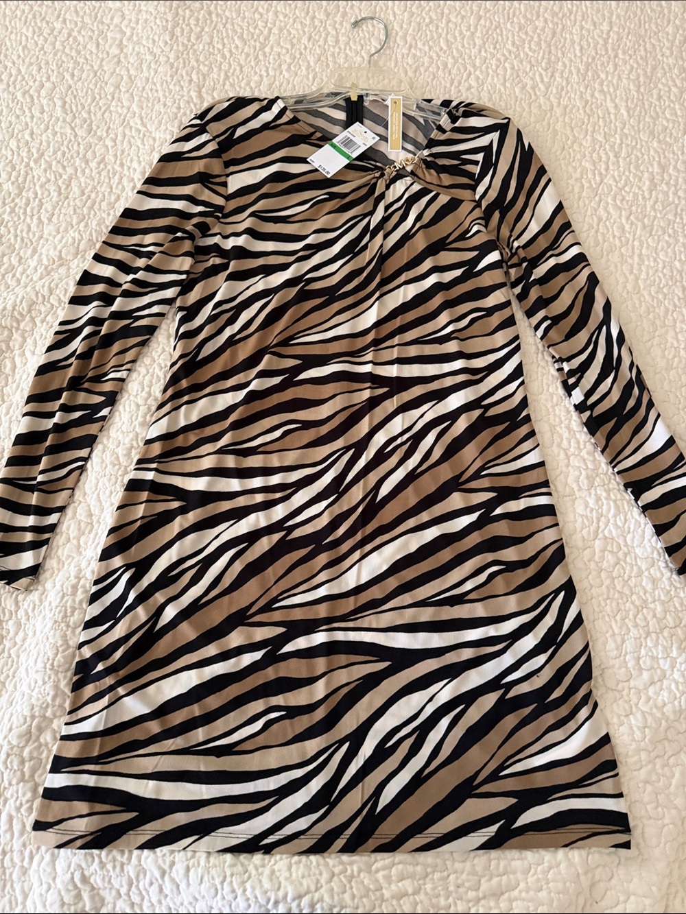 MICHAEL Michael Kors Tan Black and White Zebra Print Long Sleeve Dress